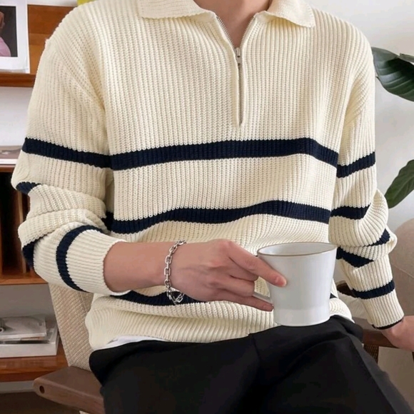 Men Striped Pattern Polo Neck Fall Sweater Without Tee - Picture 2 of 7